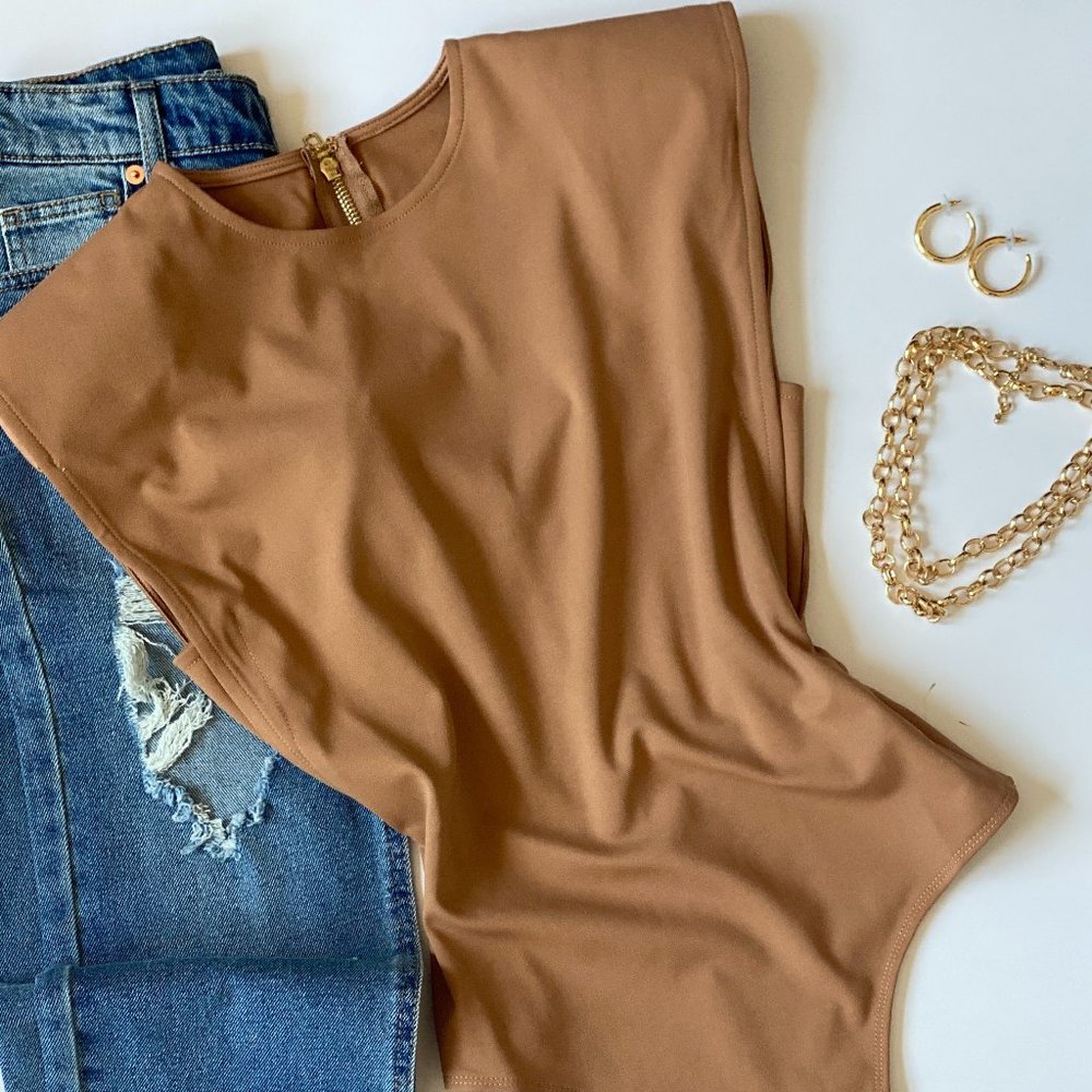 Blurred Lines Padded Shoulder Bodysuit- Camel